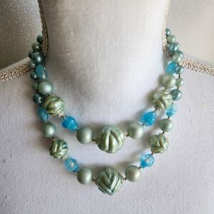Vintage Japan Double Strand Faux Pearl Art Glass Bead Necklace Blue Teal 15"+‎